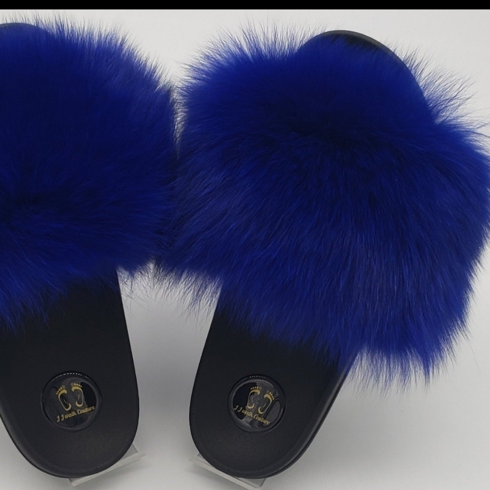 100% Real Royal Blue Fox Fur Slides Women Slippers with Fast shipping